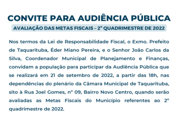 Convite para Audiência Pública - Avaliação das Metas Fiscais 2° quadrimestre de 2022