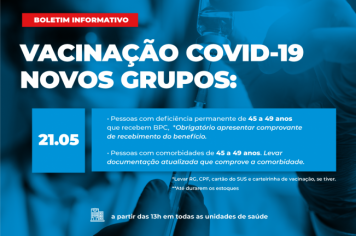 Mais dois grupos receberão vacina contra a covid-19 a partir de 21 de maio