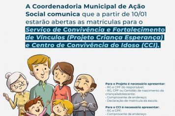 Serviço de Convivência e Fortalecimento de Vínculos e Centro de Convivência do Idoso abrem matrículas