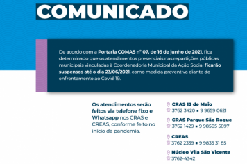 Atendimentos nas repartições públicas da Coordenadoria Municipal de Ação Social será por meio remoto