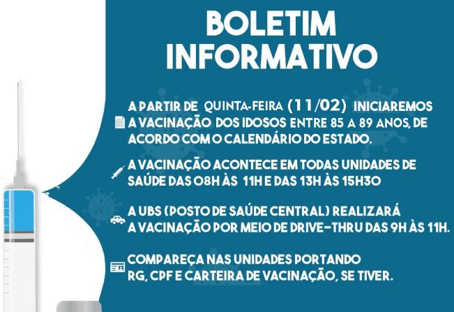 Vacinação contra Covid-19 em idosos de 85 a 89 anos terá início quinta-feira (11/02)