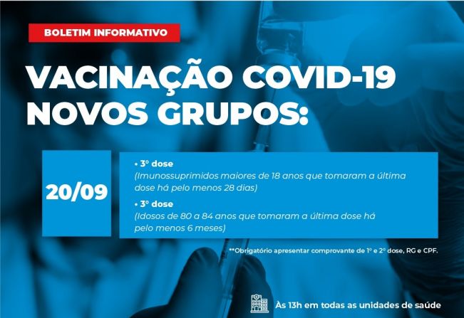 Dose adicional para idosos e imunossuprimidos maiores de 18 anos serão aplicadas nesta segunda-feira em Taquarituba