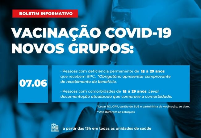 Vacinação para pessoas de 18 a 29 anos com comorbidades ou que recebem BPC começa nesta segunda-feira