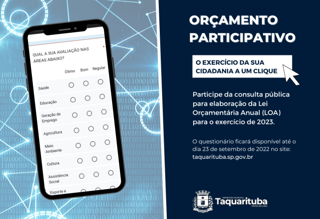Prefeitura de Taquarituba convida a população para avaliação da gestão e elaboração da Lei Orçamentária Anual (LOA)