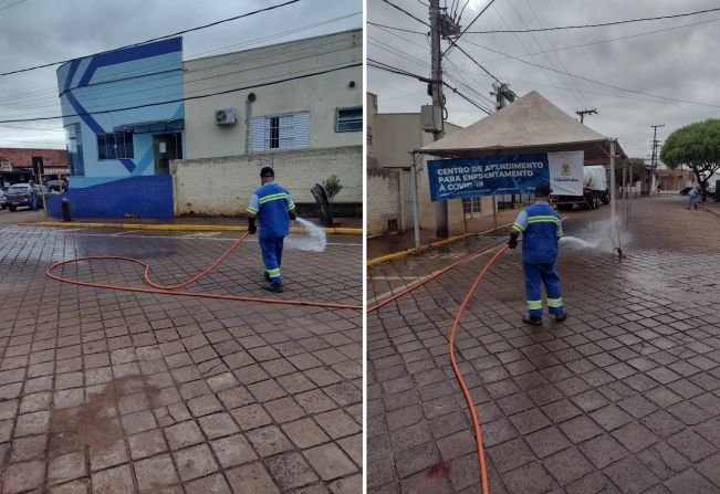 Sanitização e higiene contra a Covid-19 é realizada na área externa da Santa Casa